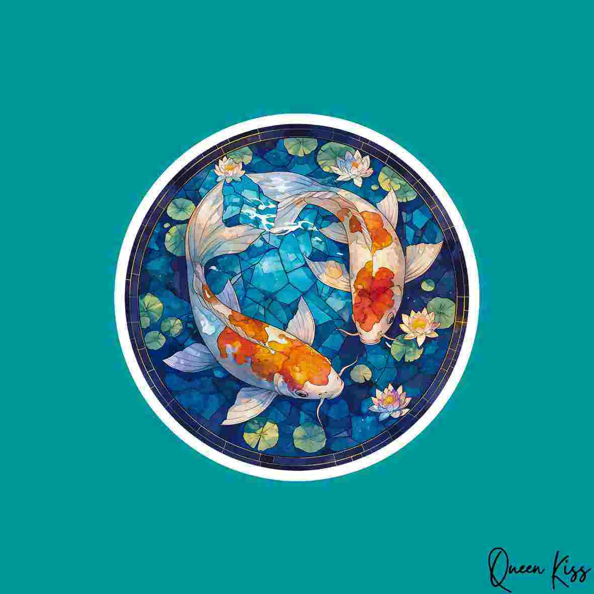 Cute Stained glass window of Japanese Koi fish Sticker, Sticker, Waterproof Glossy Sticker, Vinyl Sticker, Laptop Phone Notebook Mug Sticker -- Love in the pool