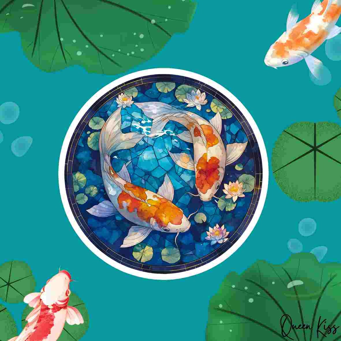 Cute Stained glass window of Japanese Koi fish Sticker, Sticker, Waterproof Glossy Sticker, Vinyl Sticker, Laptop Phone Notebook Mug Sticker -- Love in the pool