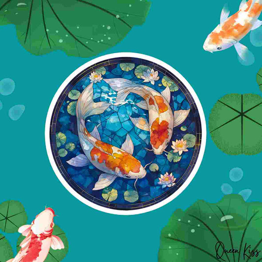 Cute Stained glass window of Japanese Koi fish Sticker, Sticker, Waterproof Glossy Sticker, Vinyl Sticker, Laptop Phone Notebook Mug Sticker -- Love in the pool