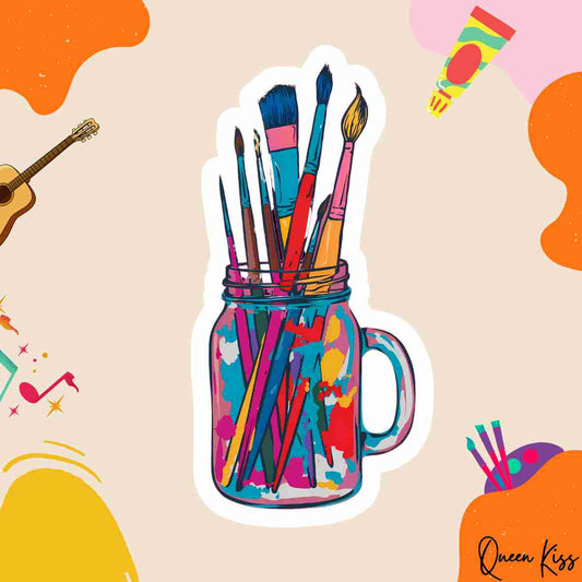 Cute Brushes and jar Sticker, Waterproof Glossy Sticker, Vinyl Sticker, Laptop Phone Notebook Mug Sticker -- Artisan Kit