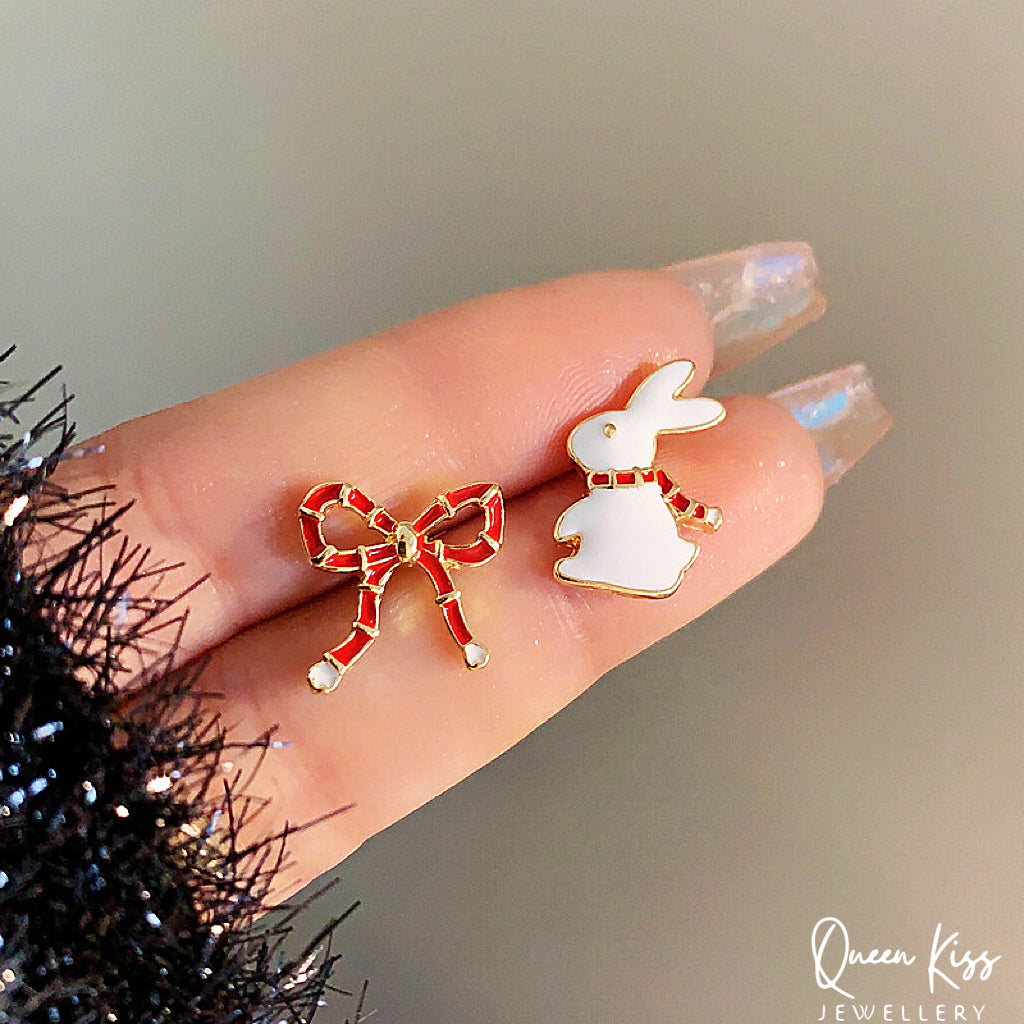 Cute Adorable Rabbit Bunny Red Bowknot Stud Earrings Gift for her