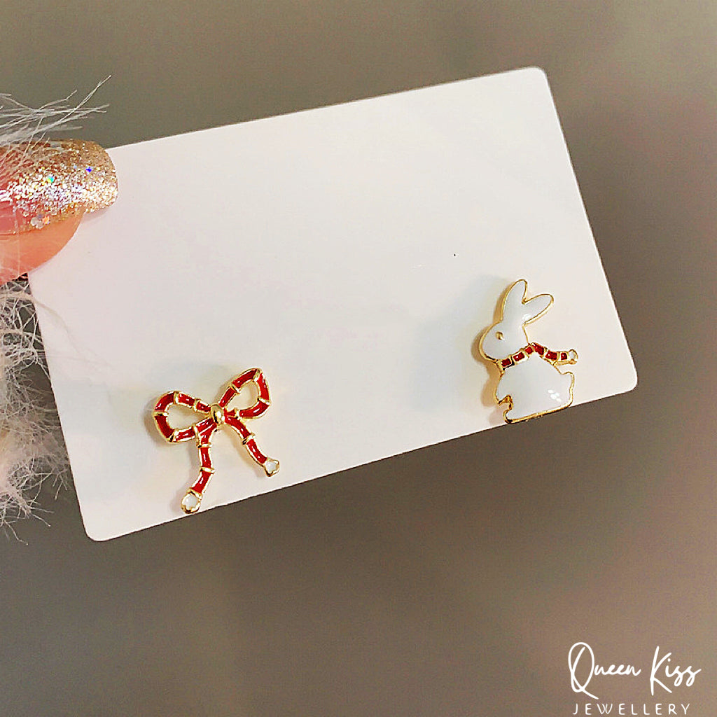 Cute Adorable Rabbit Bunny Red Bowknot Stud Earrings Gift for her