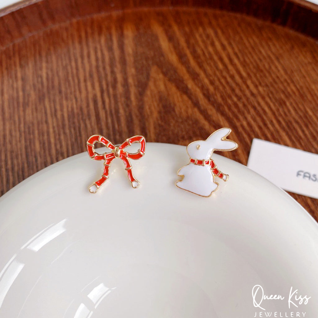 Cute Adorable Rabbit Bunny Red Bowknot Stud Earrings Gift for her