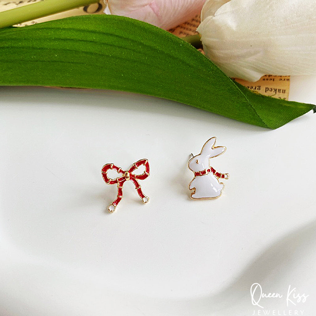 Cute Adorable Rabbit Bunny Red Bowknot Stud Earrings Gift for her