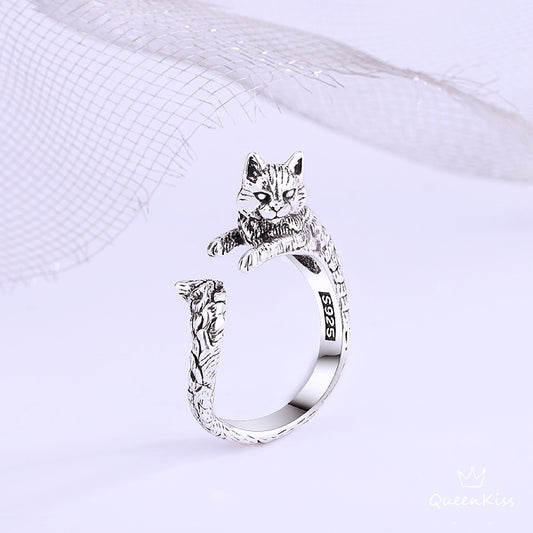 3D Cute Lovely Kitty Cat Adjustable 925 Sterling Silver Ring