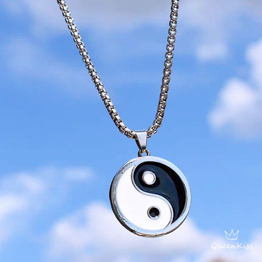 Funky Punk Stainless Steel Cool Yin and Yan Silver Necklace -- Balance!