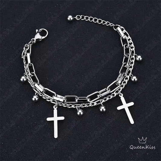 Funky Punk Stainless Steel Three Layers Cool Style Chain Cross Silver Bracelet -- Pray For Me!!