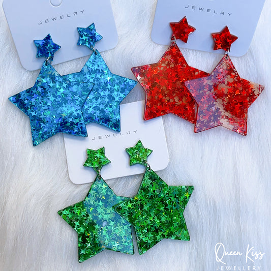 Cute Light Trendy Adorable Acrylic Star Set Green Blue Red Stars Earrings - Once Upon A Star!!