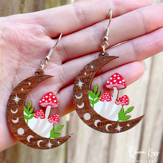 Super Light Wood Cute three Mushrooms Planting on the Moon Earrings - Mushroom and My Moon!!