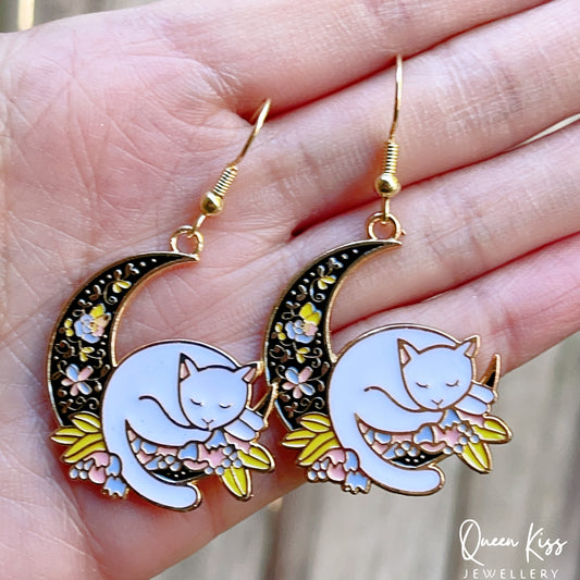 Super Cute Kitty Cat Resting On the Moon Earrings -- In the Name of Moon!!