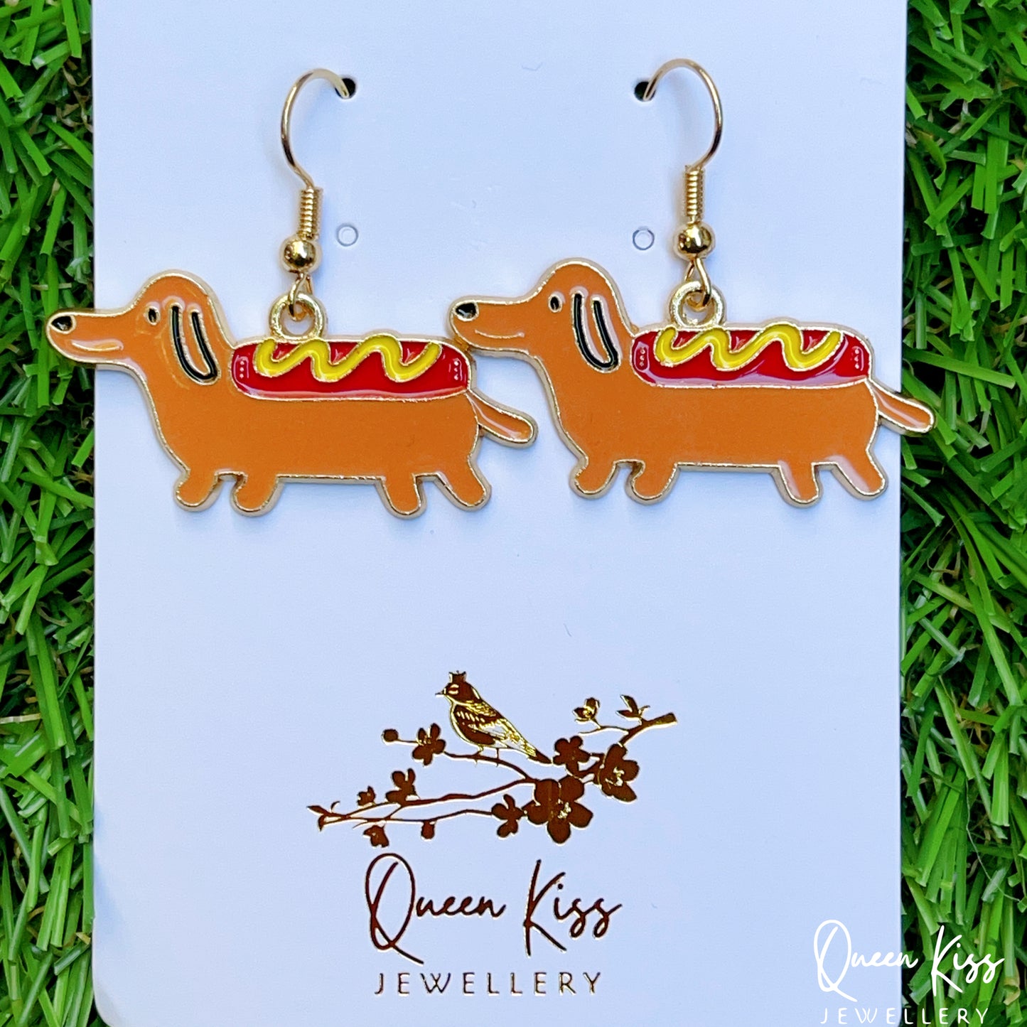 Enamel Fun Adorable Cute Sausage Dog Dachshund Wiener Dog Badger Dog Earrings -- I Love You!