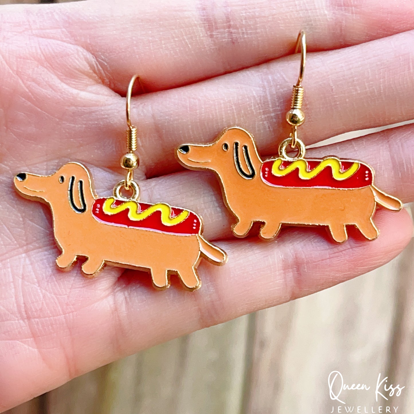 Enamel Fun Adorable Cute Sausage Dog Dachshund Wiener Dog Badger Dog Earrings -- I Love You!