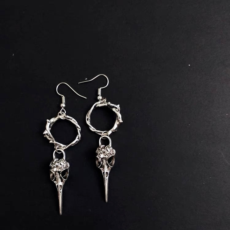 New Design Cool Bird Skeleton Head and Circle Silver Earrings for Boyfriend Girlfriend Best friend Her Him -- Born in Stone Age!!