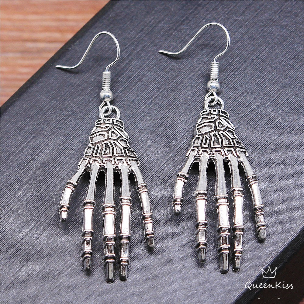 Quirky 3D Skeleton Hands Silver Earrings And Necklace Zombie Halloween Earrings, HorrorJewelry, Jewellery, Gothic Earrings -- Touch my heart