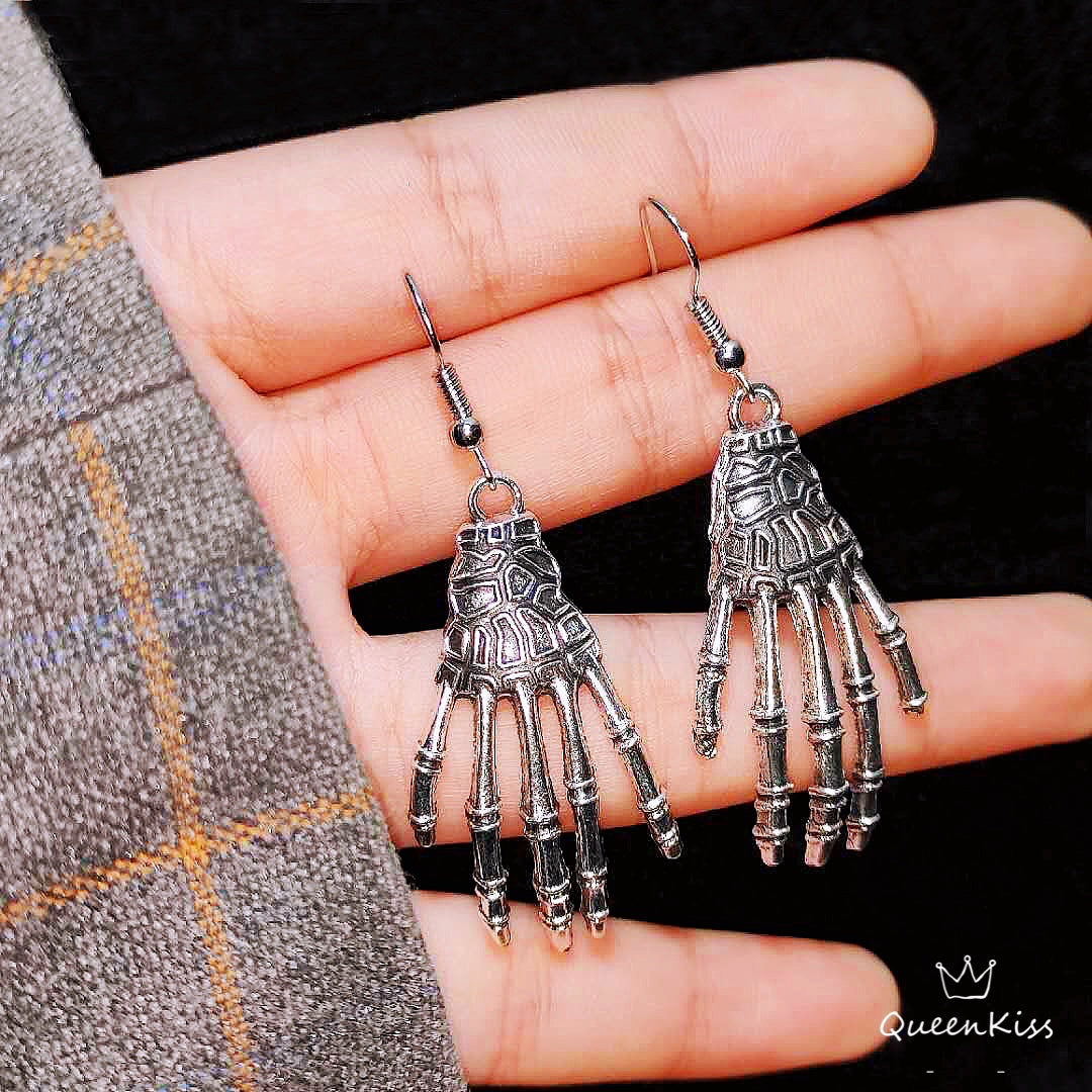 Quirky 3D Skeleton Hands Silver Earrings And Necklace Zombie Halloween Earrings, HorrorJewelry, Jewellery, Gothic Earrings -- Touch my heart