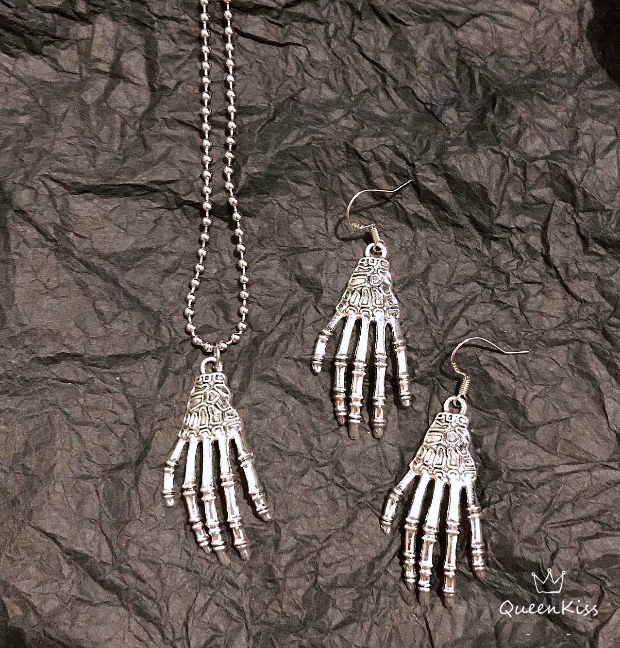 Quirky 3D Skeleton Hands Silver Earrings And Necklace Zombie Halloween Earrings, HorrorJewelry, Jewellery, Gothic Earrings -- Touch my heart