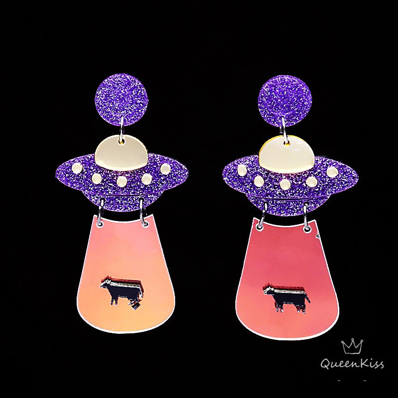 Cute Light Trendy Quirky Black and Purple UFO Earrings Alien Sucking Cow In Earrings - We need you!!