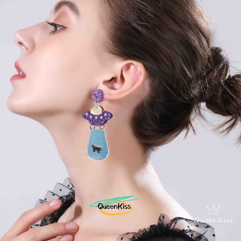 Cute Light Trendy Quirky Black and Purple UFO Earrings Alien Sucking Cow In Earrings - We need you!!