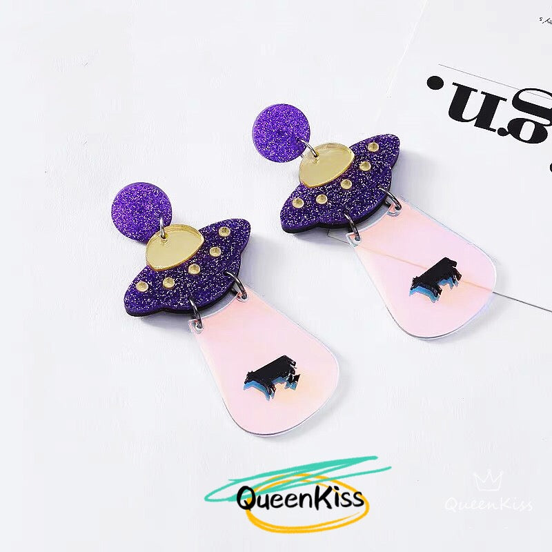 Cute Light Trendy Quirky Black and Purple UFO Earrings Alien Sucking Cow In Earrings - We need you!!