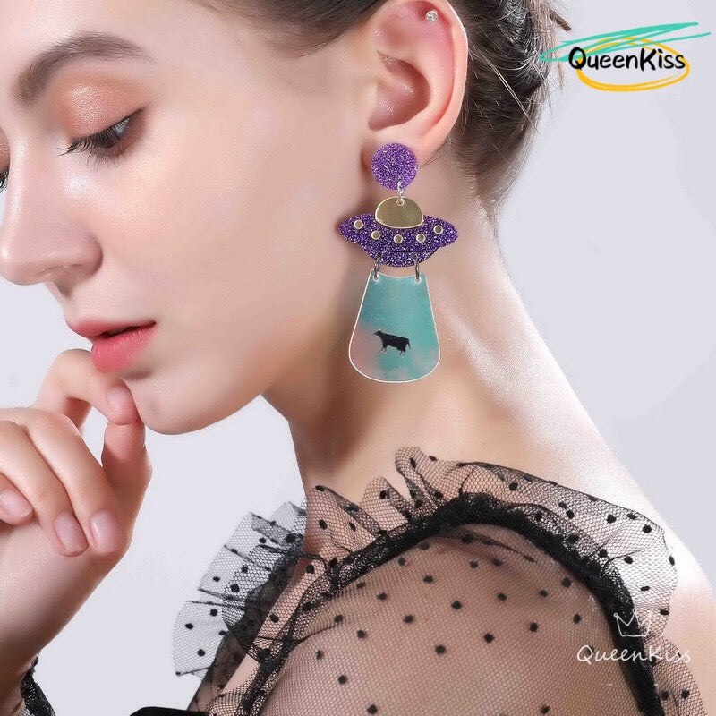 Cute Light Trendy Quirky Black and Purple UFO Earrings Alien Sucking Cow In Earrings - We need you!!