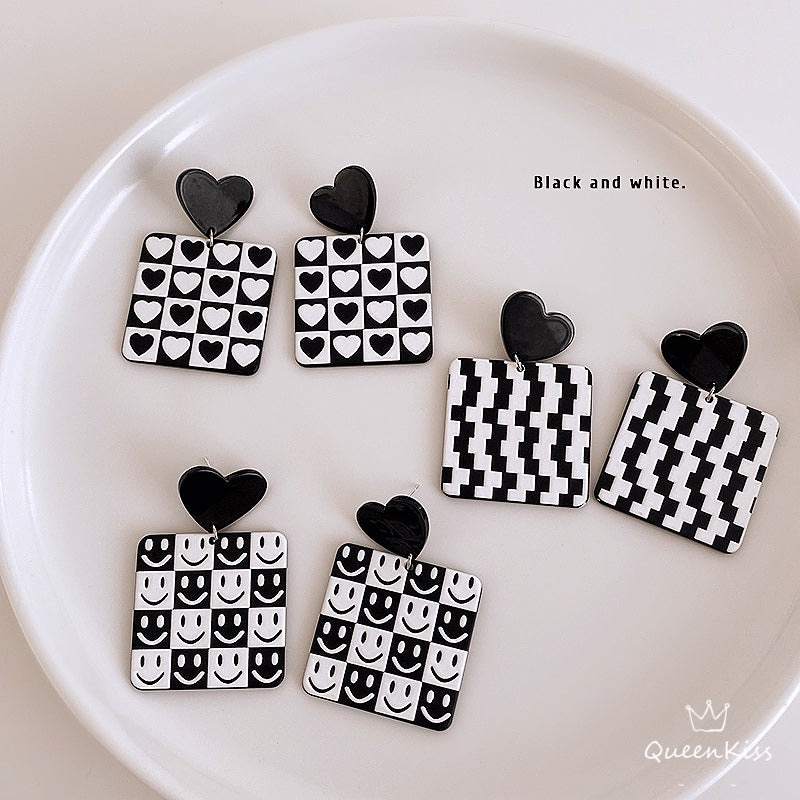 New Design Black and White Series Heart Smiley Face Grids Cute Light Trendy Adorable Acrylic Earrings - Black and White!!