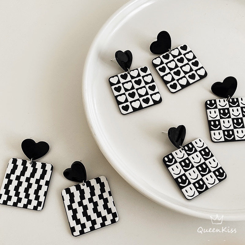 New Design Black and White Series Heart Smiley Face Grids Cute Light Trendy Adorable Acrylic Earrings - Black and White!!