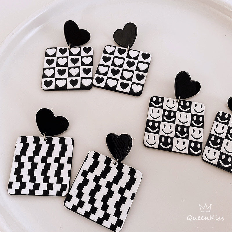 New Design Black and White Series Heart Smiley Face Grids Cute Light Trendy Adorable Acrylic Earrings - Black and White!!