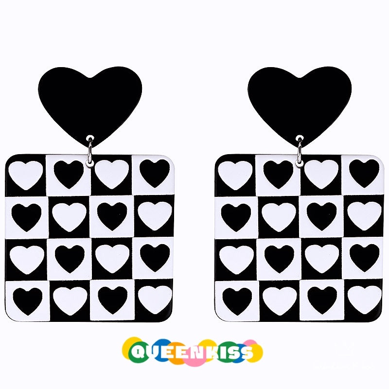 New Design Black and White Series Heart Smiley Face Grids Cute Light Trendy Adorable Acrylic Earrings - Black and White!!