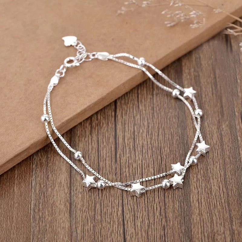 Sterling Silver 925 Tiny Little Stars Charm Bracelet Adjustable Length Lovely Double Layers Stars 925 Sterling Silver Bracelet -Stars River!