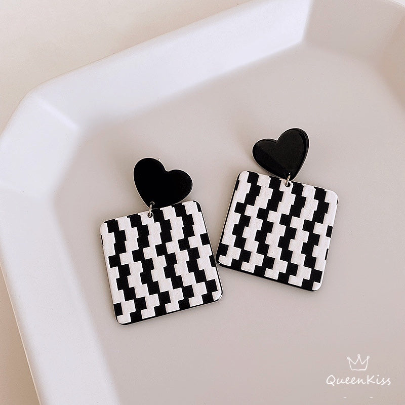 New Design Black and White Series Heart Smiley Face Grids Cute Light Trendy Adorable Acrylic Earrings - Black and White!!