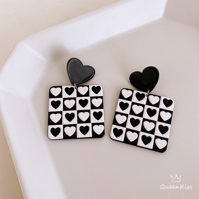 New Design Black and White Series Heart Smiley Face Grids Cute Light Trendy Adorable Acrylic Earrings - Black and White!!