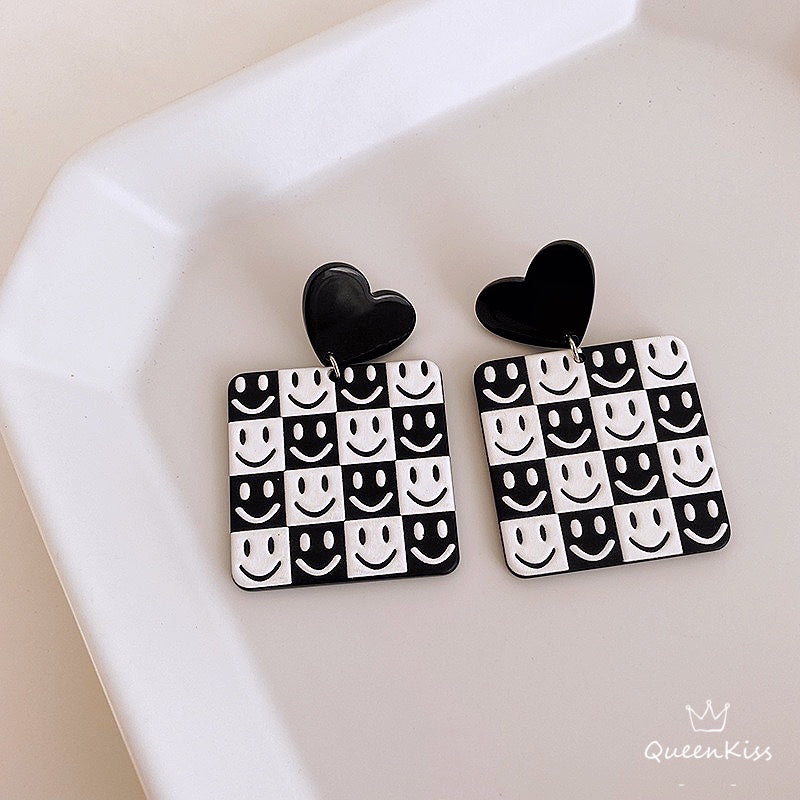 New Design Black and White Series Heart Smiley Face Grids Cute Light Trendy Adorable Acrylic Earrings - Black and White!!