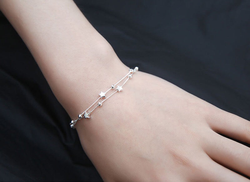 Sterling Silver 925 Tiny Little Stars Charm Bracelet Adjustable Length Lovely Double Layers Stars 925 Sterling Silver Bracelet -Stars River!