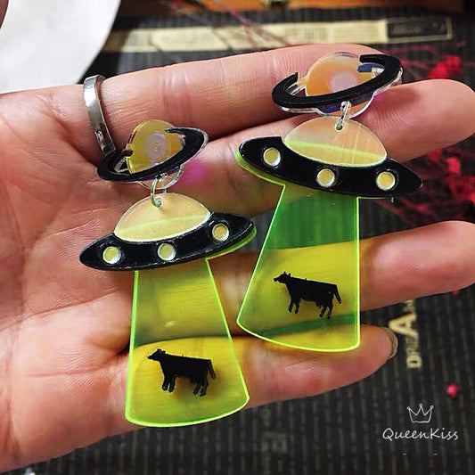 Best Seller Cute Light Trendy Quirky UFO Earrings Alien Sucking Cow In Earrings - We need you!!