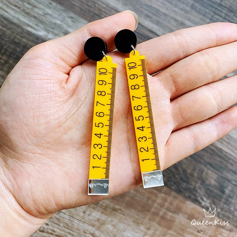 Cute Light Trendy Quirky Yellow Ruler 10cm Earrings - I am The Ruler!!