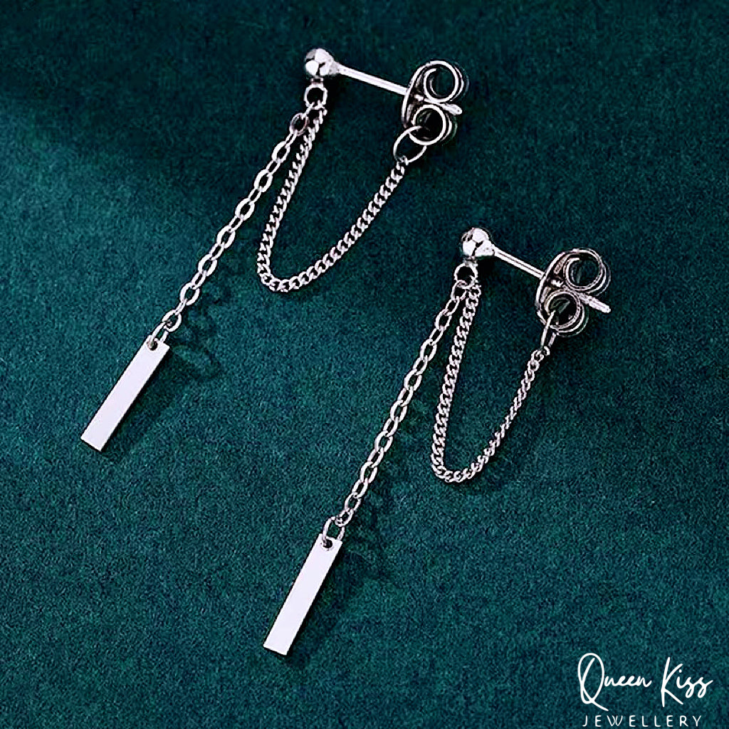 Minimalist Chain Cross Back Dangle Silver Women Men Earrings -- Simple Street!!