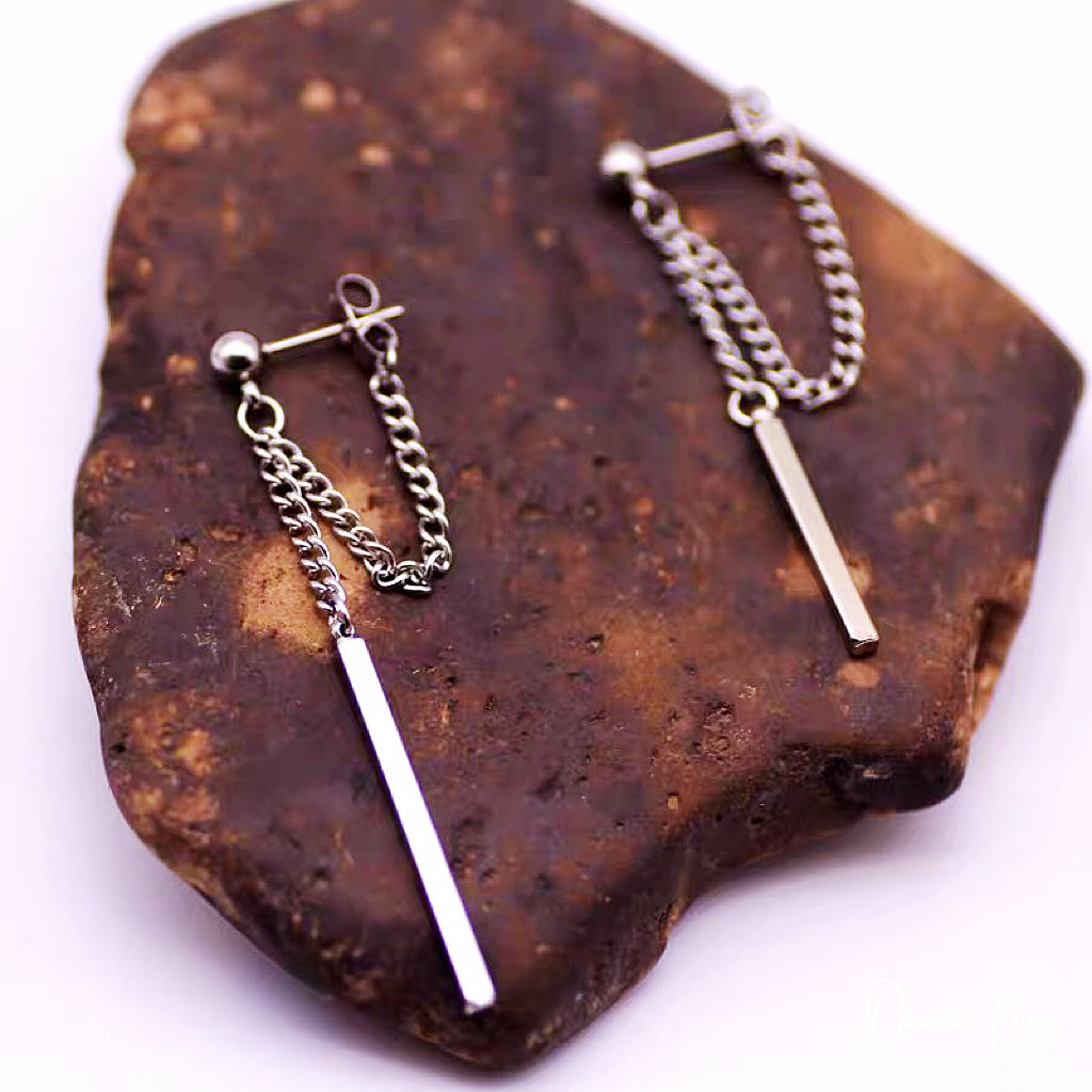 Minimalist Chain Cross Back Dangle Silver Women Men Earrings -- Simple Street!!