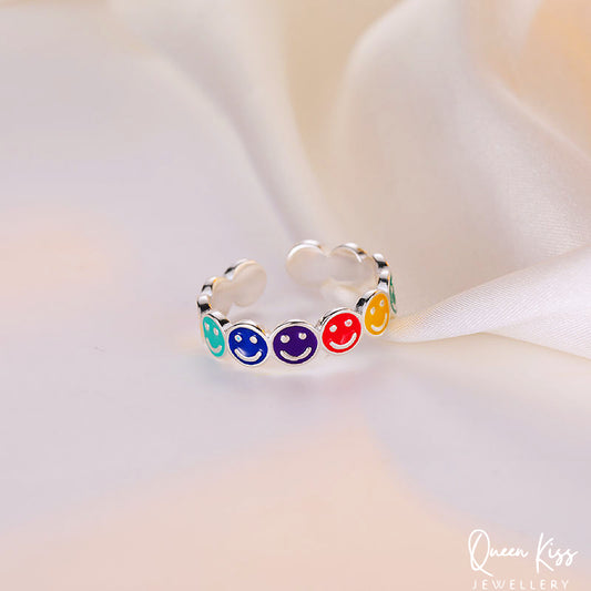 Cool Vintage Smiley Face Silver Colorful Face Adjustable Ring