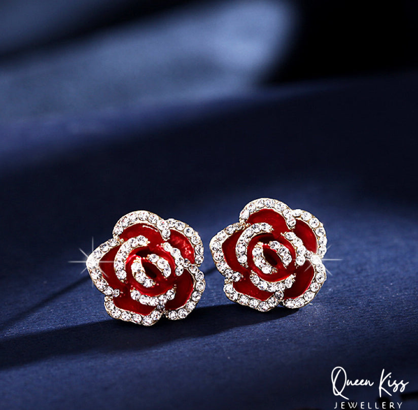 Super Dazzle Red and Black Rose Cubic Zirconic Zircon Gemstone Earrings -- La Vie En Rose!!