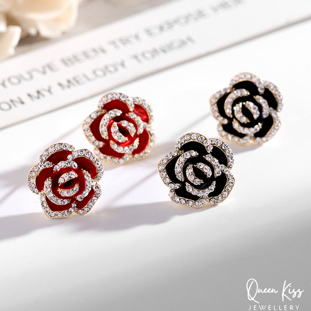 Super Dazzle Red and Black Rose Cubic Zirconic Zircon Gemstone Earrings -- La Vie En Rose!!