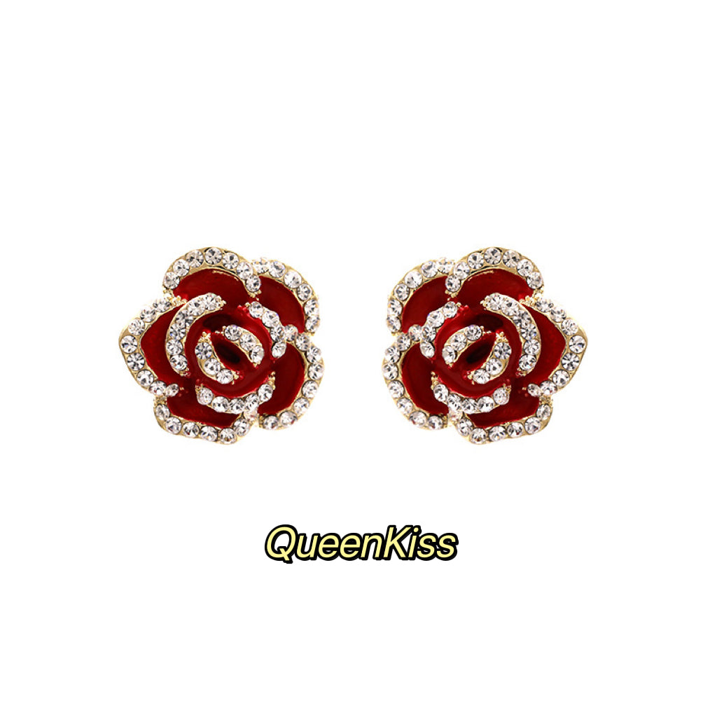 Super Dazzle Red and Black Rose Cubic Zirconic Zircon Gemstone Earrings -- La Vie En Rose!!