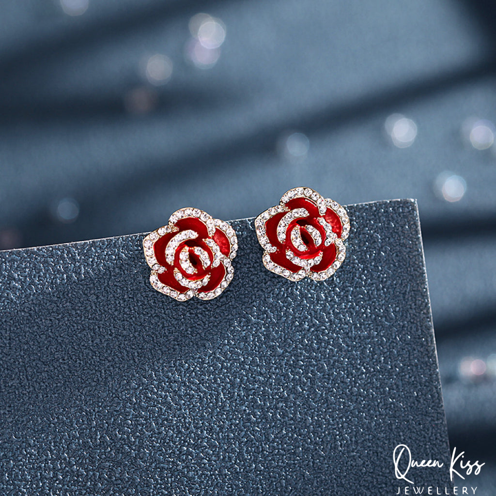 Super Dazzle Red and Black Rose Cubic Zirconic Zircon Gemstone Earrings -- La Vie En Rose!!