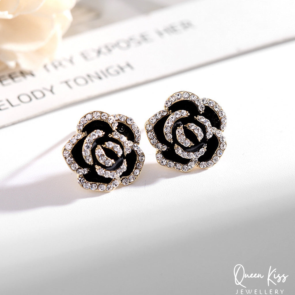 Super Dazzle Red and Black Rose Cubic Zirconic Zircon Gemstone Earrings -- La Vie En Rose!!