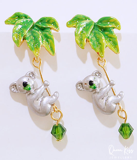 Enamel Green Leaves and Koala Dangle Earrings -- Australian Wild Life!!