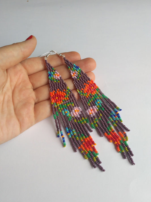 Blossom Flower beaded earrings Fringe gradient earrings Seed bead earrings Beadwork earrings Dangle earrings Long earrings Luxury boho