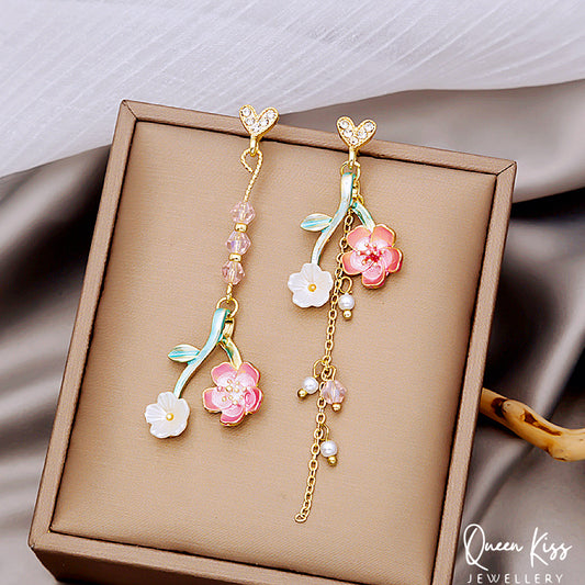 Enamel Pink Green Leaves Pink White Flowers Dangle Earrings -- Fairy Lady!!