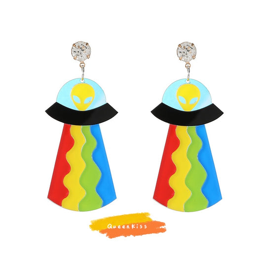 Cute Light Trendy Quirky UFO Colorful Earrings Alien Sucking Cow In Earrings - Rainbow Spaceship!!