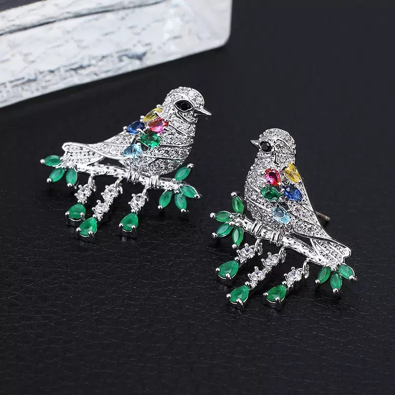 Fully Jewelled Bird Red Green Blue Cubic Zirconic Zirconia Zircon Stud Earrings--Garden of Joy!!