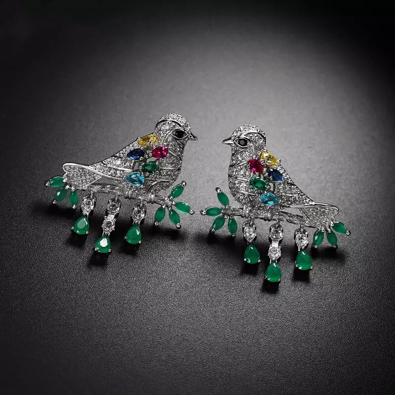 Fully Jewelled Bird Red Green Blue Cubic Zirconic Zirconia Zircon Stud Earrings--Garden of Joy!!