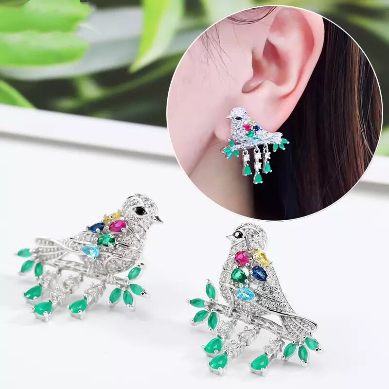 Fully Jewelled Bird Red Green Blue Cubic Zirconic Zirconia Zircon Stud Earrings--Garden of Joy!!